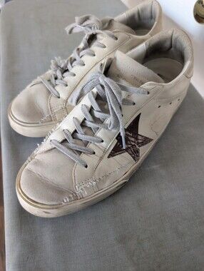 Golden Goose Off-White Leather Sneakers with Brown Print Star